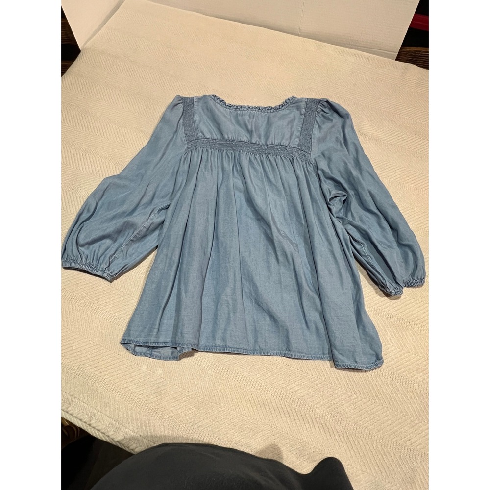 Wonderly Women's XL Blue Denim Tunic Ruffle Smocked Boho Peasant 3/4 Sleeve - Picture 4 of 6